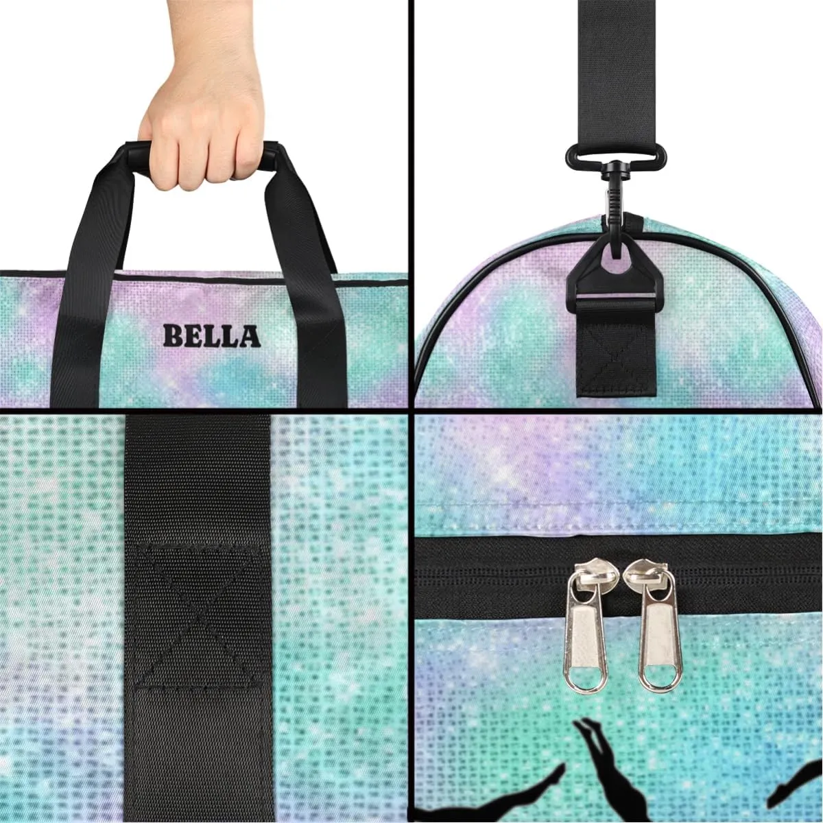 Personalized Gymnastics Bag Dance Bag for Girl Woman, Custom Gym Bag Sport Duffel Bag, Weekender Bags Travel Duffel Bag Watercolor Glitter Girl