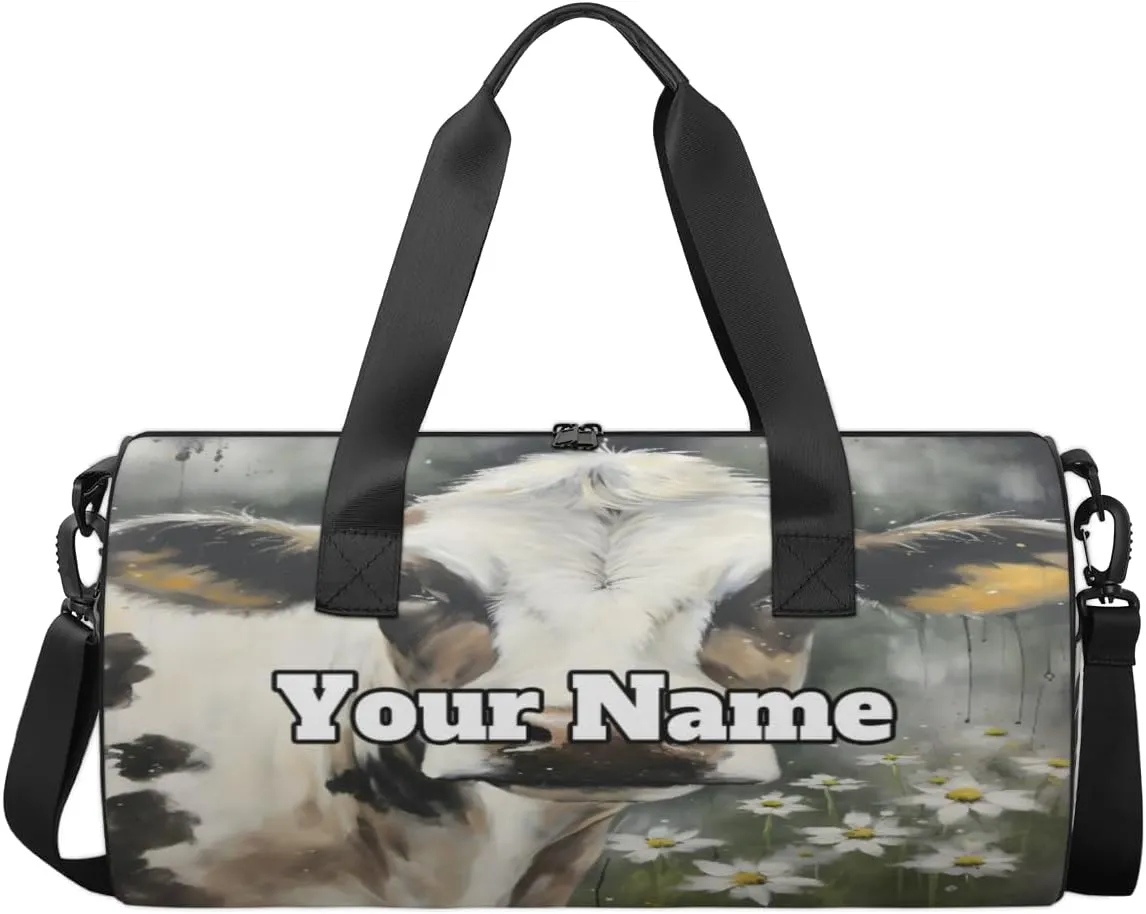 Personalized Name Gym Bag for Women, Customized Animal Cow Cylinder Sports Bags for Men, Waterproof Weekender Bag, Duffle Bags for Travel Swim Dance, Cow