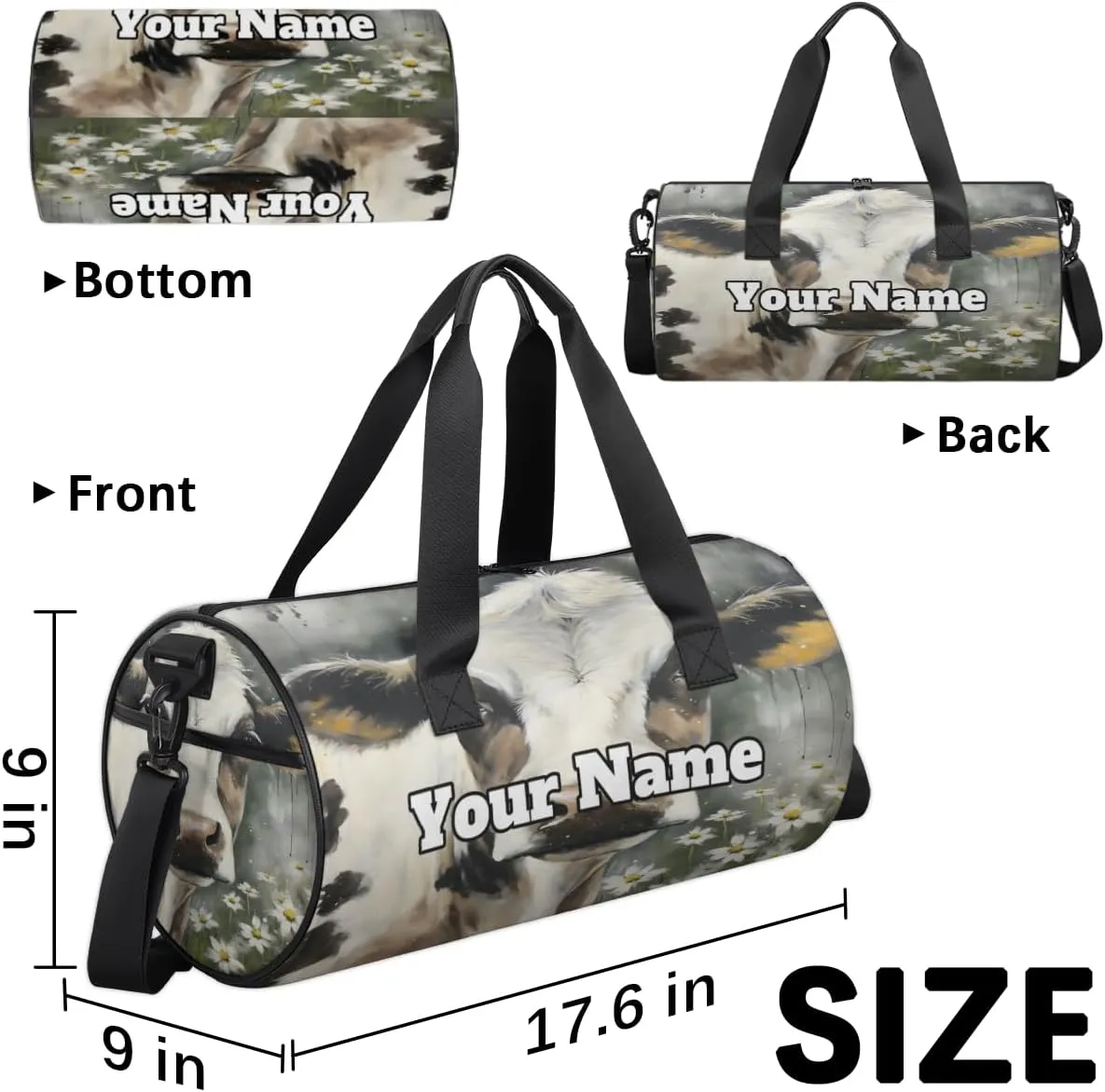 Personalized Name Gym Bag for Women, Customized Animal Cow Cylinder Sports Bags for Men, Waterproof Weekender Bag, Duffle Bags for Travel Swim Dance, Cow