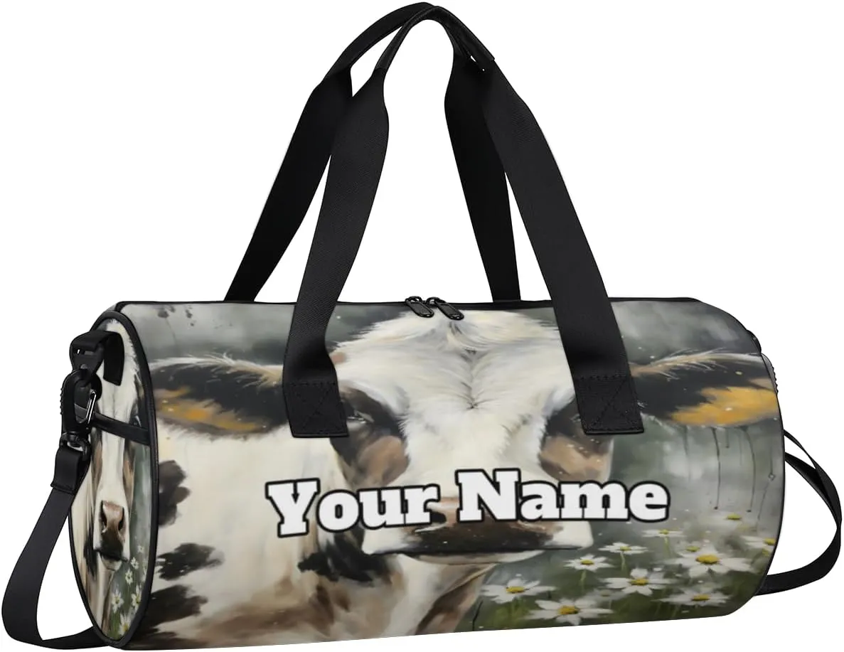 Personalized Name Gym Bag for Women, Customized Animal Cow Cylinder Sports Bags for Men, Waterproof Weekender Bag, Duffle Bags for Travel Swim Dance, Cow