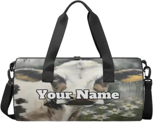 Personalized Name Gym Bag for Women, Customized Animal Cow Cylinder Sports Bags for Men, Waterproof Weekender Bag, Duffle Bags for Travel Swim Dance, Cow