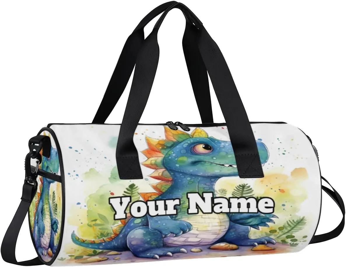Personalized Name Gym Bag for Women, Customized Cute Dinosaur Cylinder Sports Bags for Men, Waterproof Weekender Bag, Duffle Bags for Travel Swim Dance, Dinosaur Theme