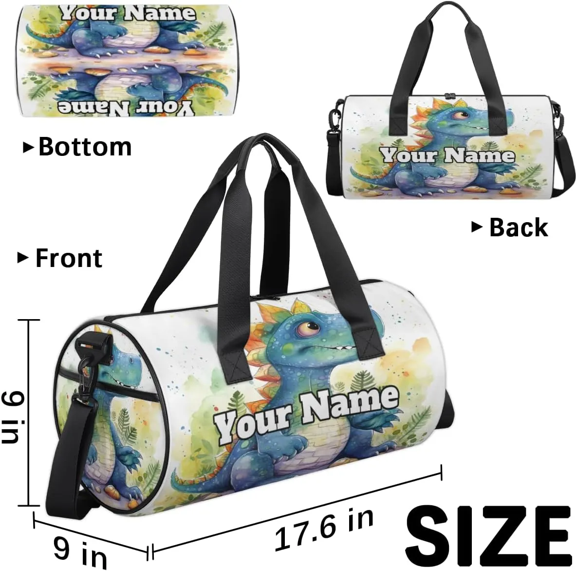 Personalized Name Gym Bag for Women, Customized Cute Dinosaur Cylinder Sports Bags for Men, Waterproof Weekender Bag, Duffle Bags for Travel Swim Dance, Dinosaur Theme