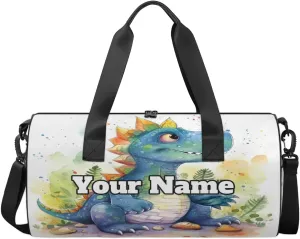 Personalized Name Gym Bag for Women, Customized Cute Dinosaur Cylinder Sports Bags for Men, Waterproof Weekender Bag, Duffle Bags for Travel Swim Dance, Dinosaur Theme
