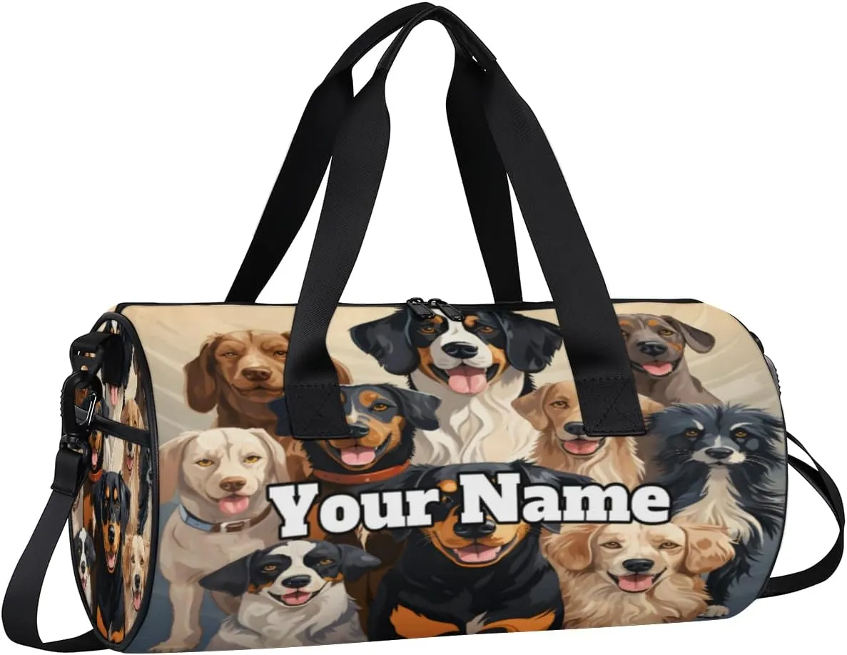 Personalized Name Gym Bag for Women, Customized Cute Dog Cylinder Sports Bags for Men, Waterproof Weekender Bag, Duffle Bags for Travel Swim Dance, Dog Themed