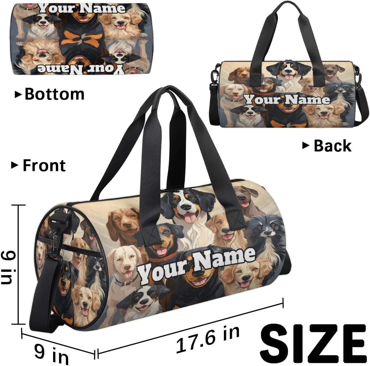 Personalized Name Gym Bag for Women, Customized Cute Dog Cylinder Sports Bags for Men, Waterproof Weekender Bag, Duffle Bags for Travel Swim Dance, Dog Themed