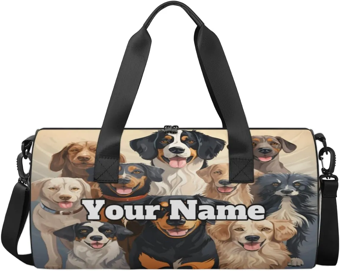 Personalized Name Gym Bag for Women, Customized Cute Dog Cylinder Sports Bags for Men, Waterproof Weekender Bag, Duffle Bags for Travel Swim Dance, Dog Themed