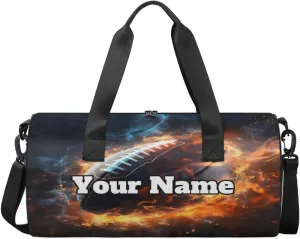 Personalized Name Gym Bag for Women, Customized Fire Rugby Cylinder Sports Bags for Men, Waterproof Weekender Bag, Duffle Bags for Travel Swim Dance, Football
