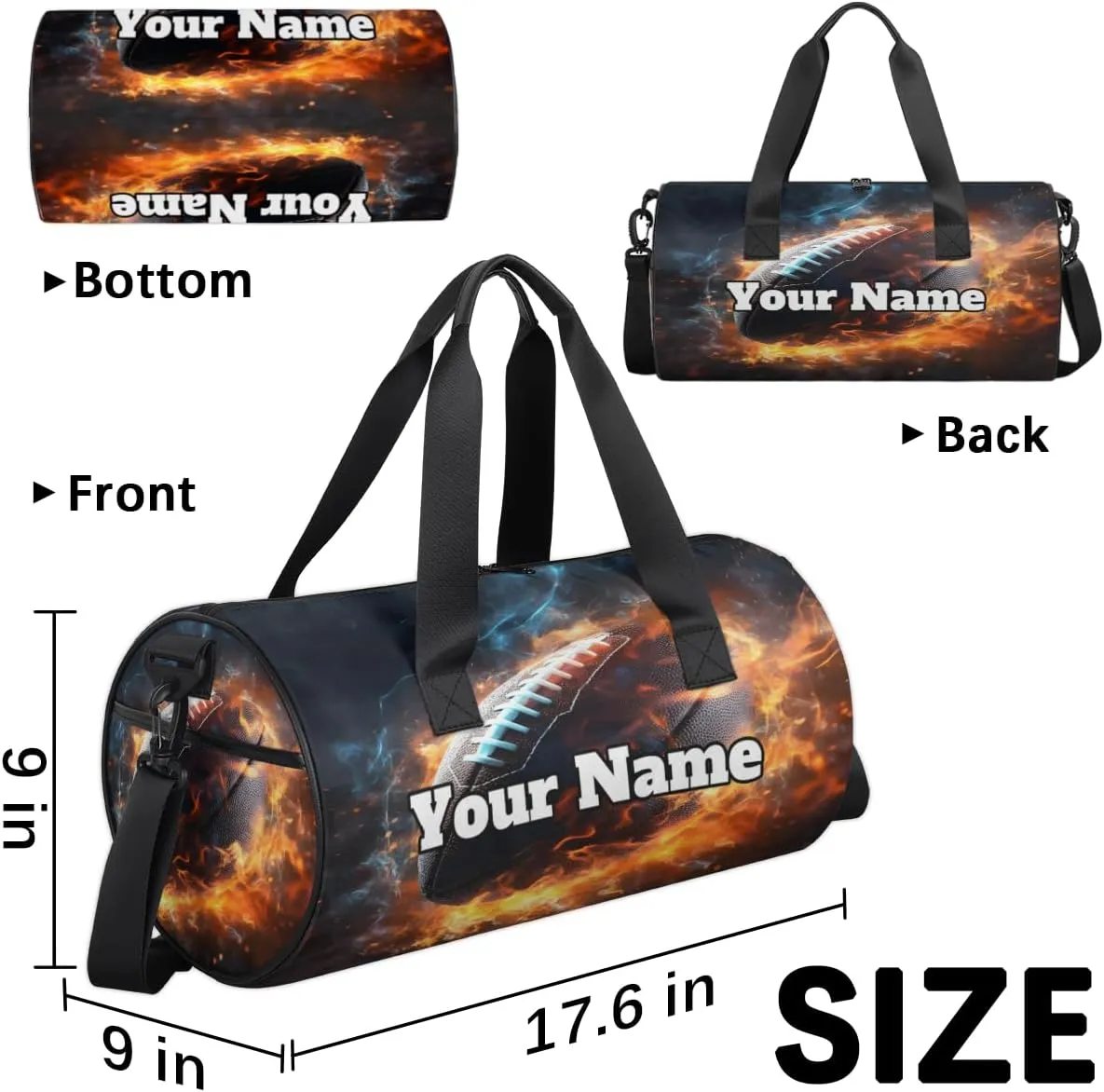 Personalized Name Gym Bag for Women, Customized Fire Rugby Cylinder Sports Bags for Men, Waterproof Weekender Bag, Duffle Bags for Travel Swim Dance, Football