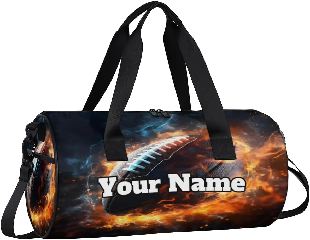 Personalized Name Gym Bag for Women, Customized Fire Rugby Cylinder Sports Bags for Men, Waterproof Weekender Bag, Duffle Bags for Travel Swim Dance, Football