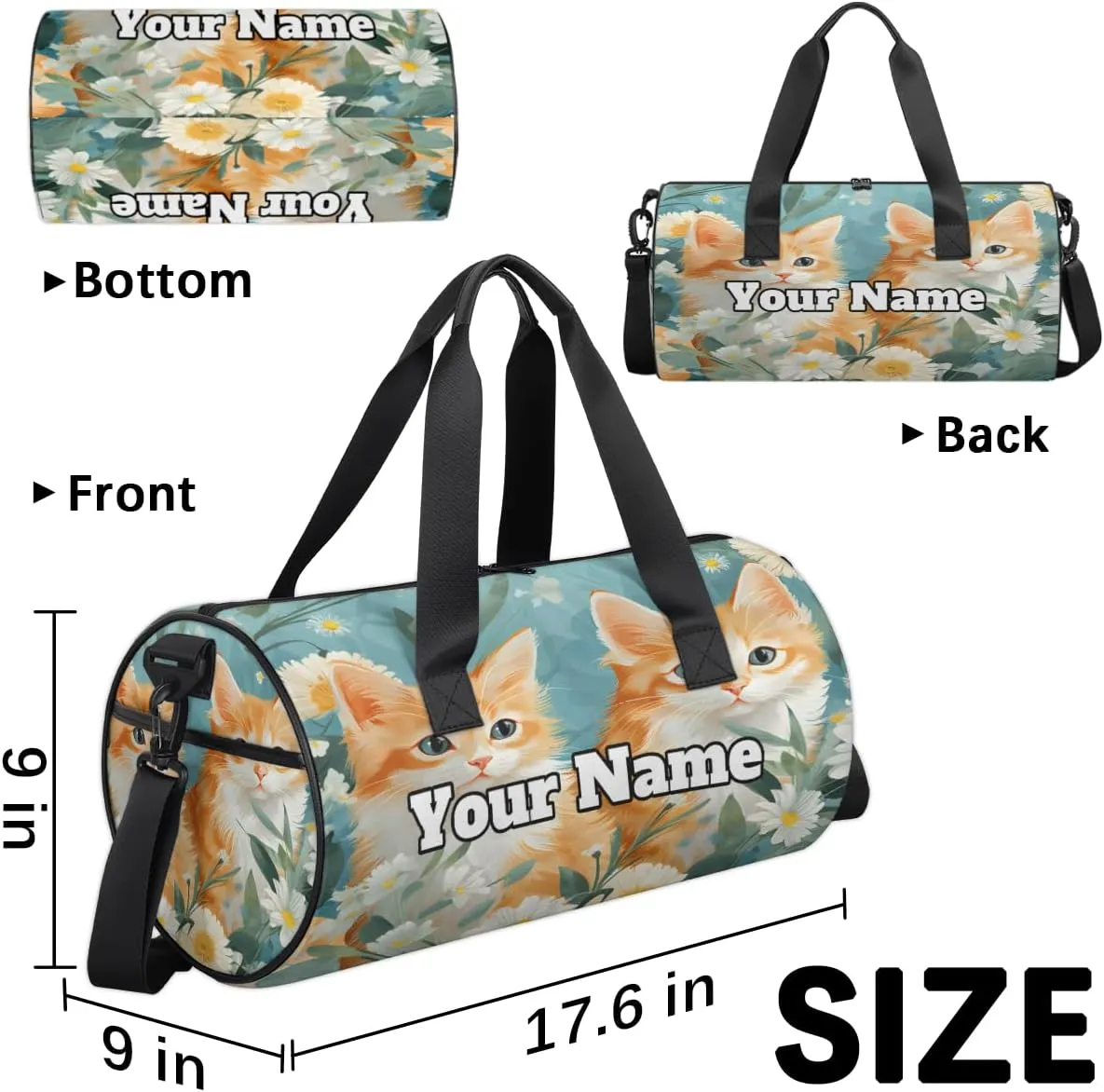 Personalized Name Gym Bag for Women, Customized Funny Cat Cylinder Sports Bags for Men, Waterproof Weekender Bag, Duffle Bags for Travel Swim Dance, Daisy Flower