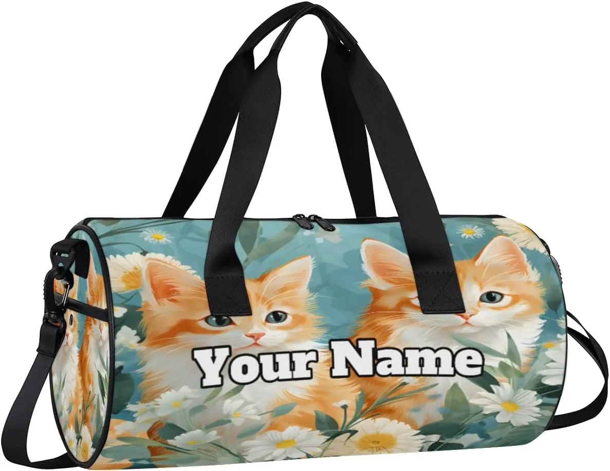 Personalized Name Gym Bag for Women, Customized Funny Cat Cylinder Sports Bags for Men, Waterproof Weekender Bag, Duffle Bags for Travel Swim Dance, Daisy Flower