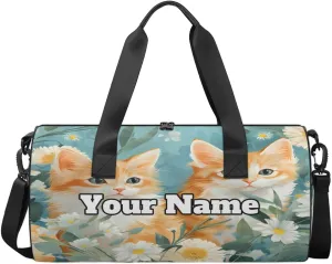 Personalized Name Gym Bag for Women, Customized Funny Cat Cylinder Sports Bags for Men, Waterproof Weekender Bag, Duffle Bags for Travel Swim Dance, Daisy Flower