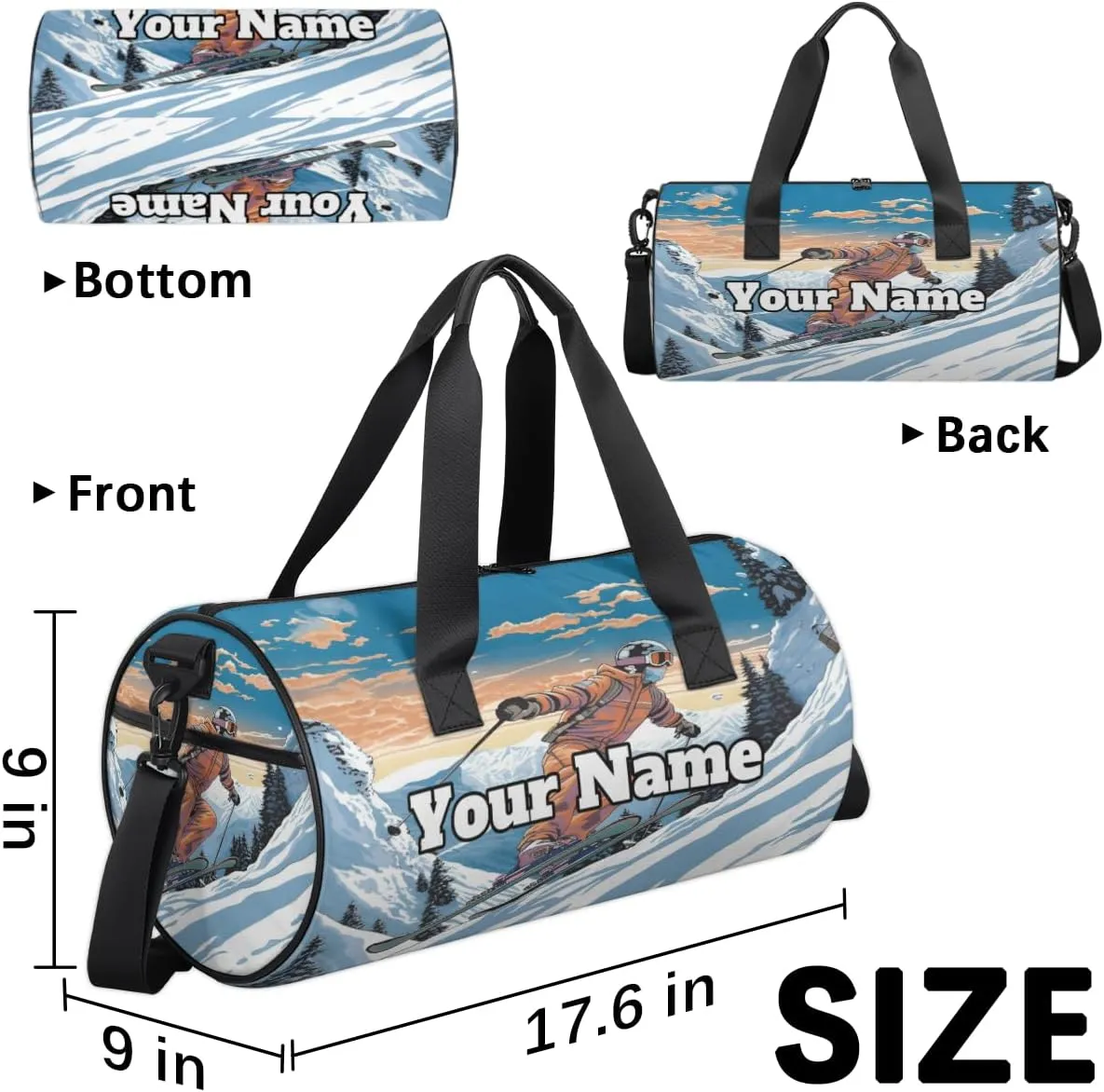 Personalized Name Gym Bag for Women, Customized Skiing Cylinder Sports Bags for Men, Waterproof Weekender Bag, Duffle Bags for Travel Swim Dance, Skiing Sherpa