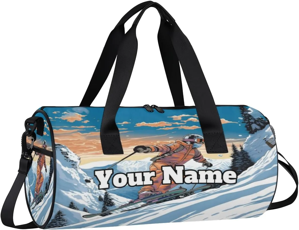 Personalized Name Gym Bag for Women, Customized Skiing Cylinder Sports Bags for Men, Waterproof Weekender Bag, Duffle Bags for Travel Swim Dance, Skiing Sherpa