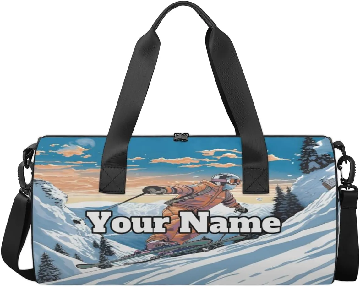 Personalized Name Gym Bag for Women, Customized Skiing Cylinder Sports Bags for Men, Waterproof Weekender Bag, Duffle Bags for Travel Swim Dance, Skiing Sherpa
