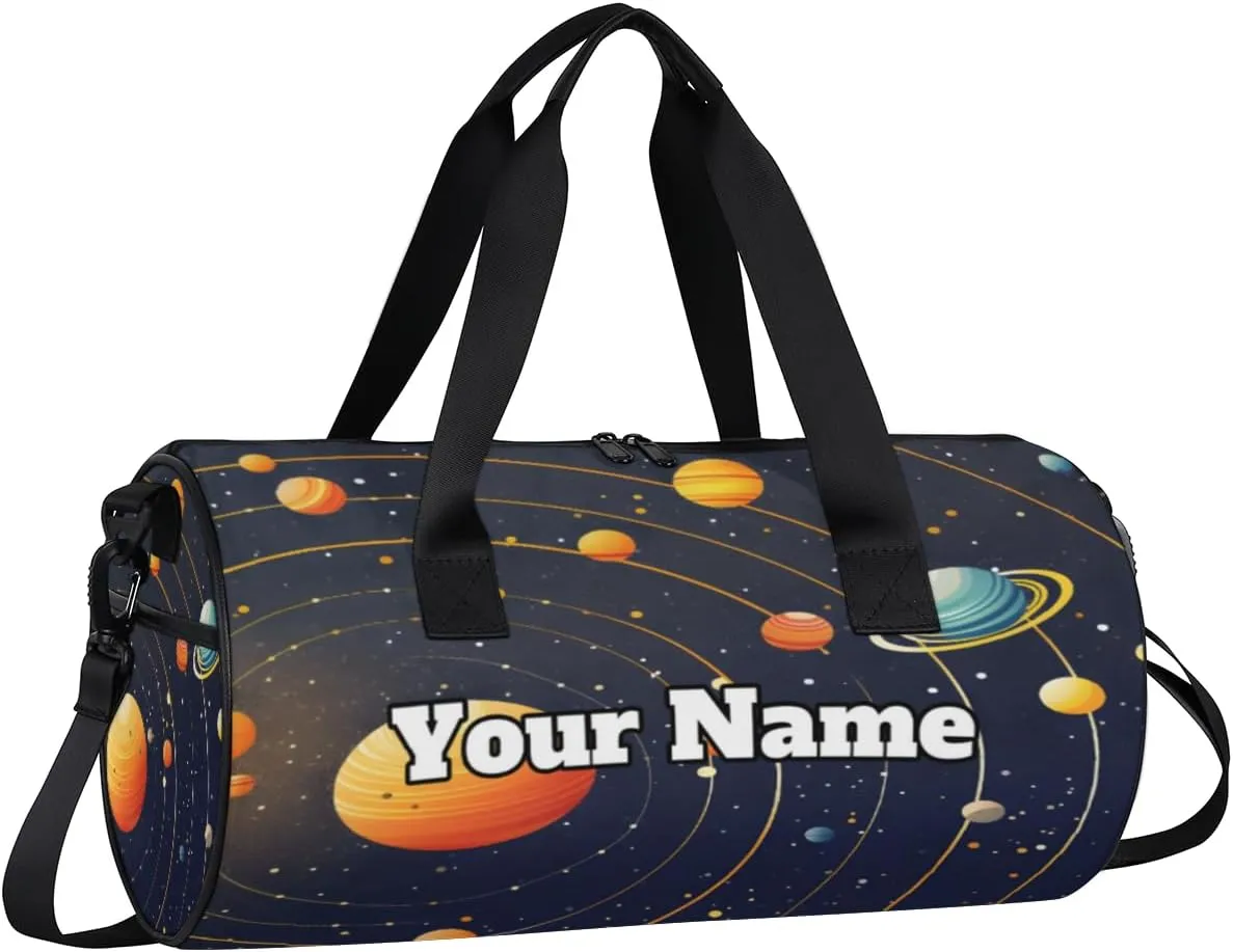 Personalized Name Gym Bag for Women, Customized Solar System Cylinder Sports Bags for Men, Waterproof Weekender Bag, Duffle Bags for Travel Swim Dance, Planet Space