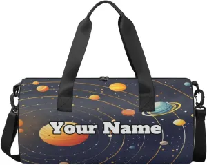 Personalized Name Gym Bag for Women, Customized Solar System Cylinder Sports Bags for Men, Waterproof Weekender Bag, Duffle Bags for Travel Swim Dance, Planet Space