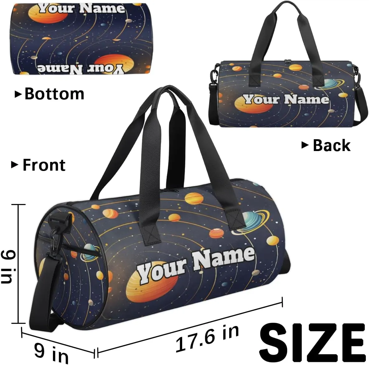 Personalized Name Gym Bag for Women, Customized Solar System Cylinder Sports Bags for Men, Waterproof Weekender Bag, Duffle Bags for Travel Swim Dance, Planet Space