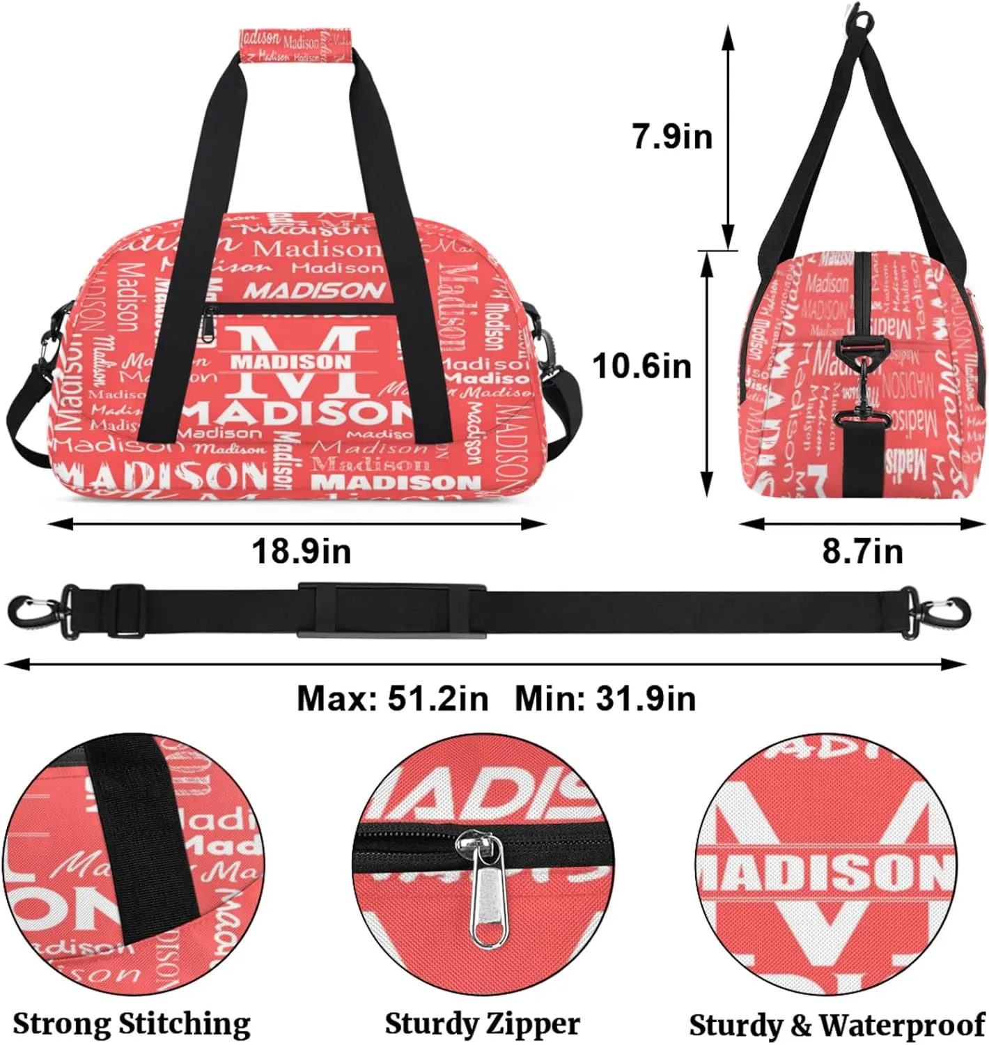 Personalized Name Sports Duffel Bags, Gym Dance Duffel Bag Sleepover Weekender Training Bags Travel Duffel Bag, Coral Red