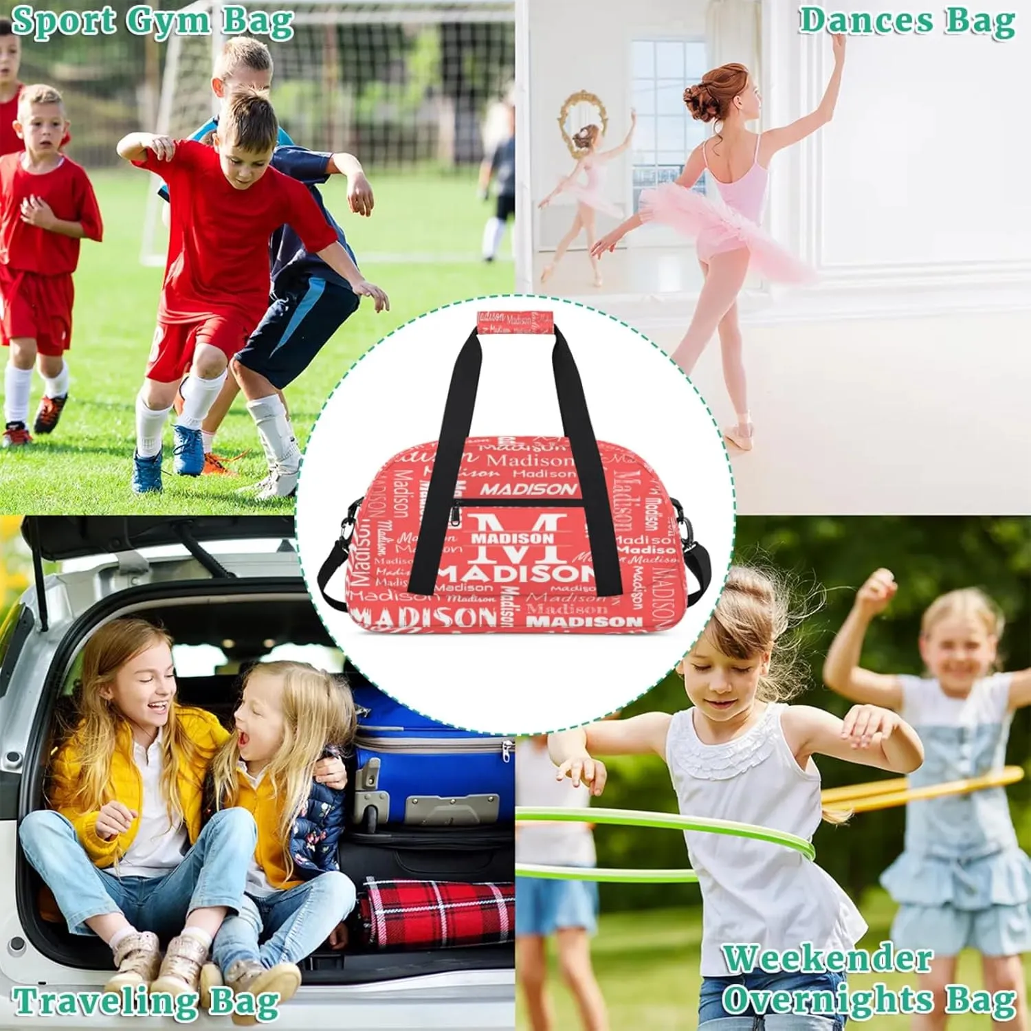 Personalized Name Sports Duffel Bags, Gym Dance Duffel Bag Sleepover Weekender Training Bags Travel Duffel Bag, Coral Red