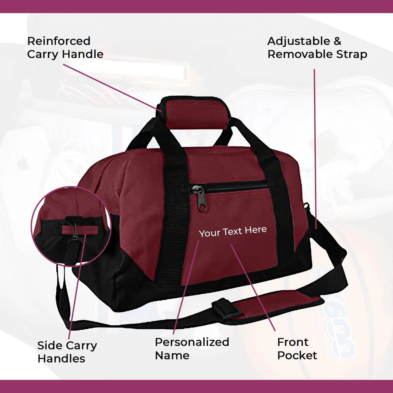 Personalized Passion Small Duffle Bag for Boys and Girls - Perfect Sized 14” Two Toned Travel Duffle - Personalized Name Sports Gym Bag for Storage - Maroon