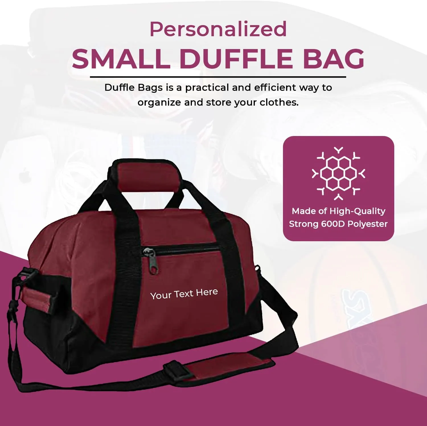 Personalized Passion Small Duffle Bag for Boys and Girls - Perfect Sized 14” Two Toned Travel Duffle - Personalized Name Sports Gym Bag for Storage - Maroon