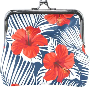 Personalized Red Flower Blue Palm Leather Coin Purse for Women Cute Kiss Lock Girls Small Change Purse