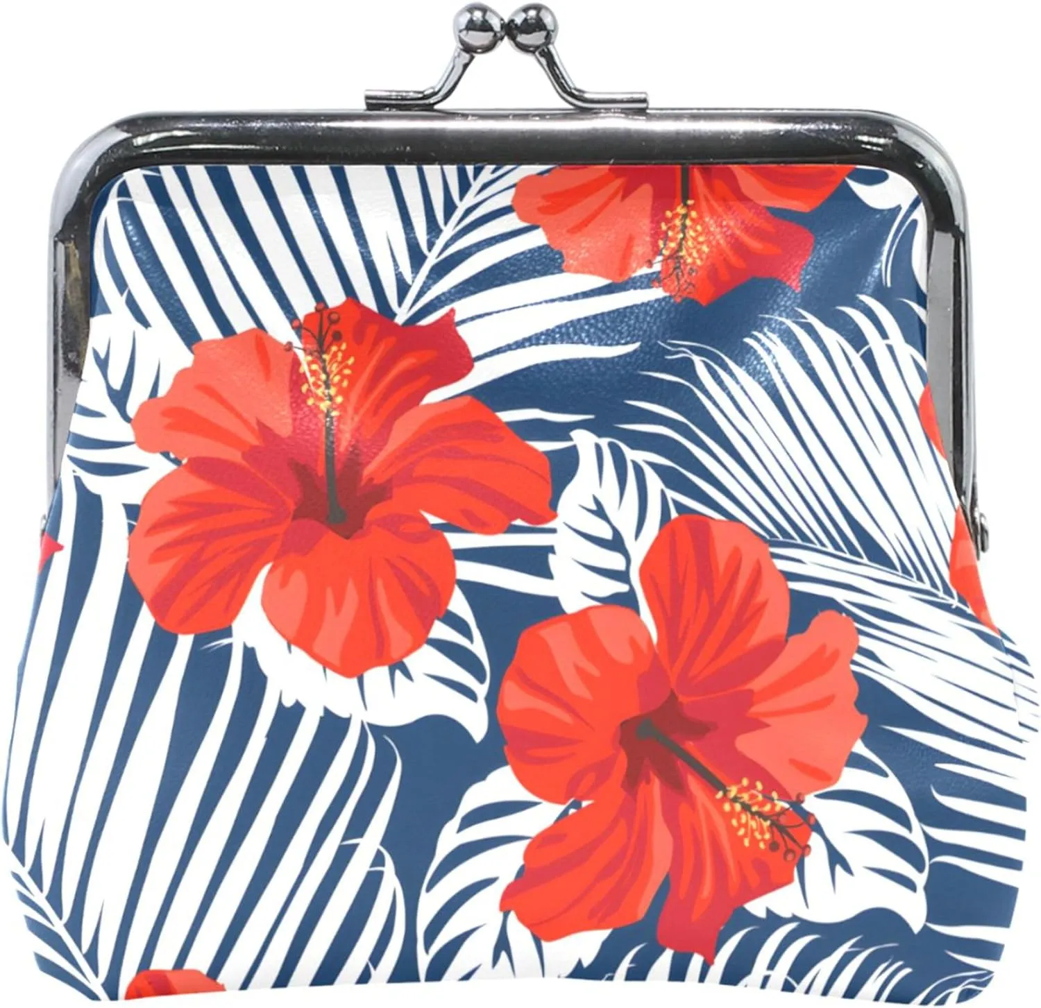Personalized Red Flower Blue Palm Leather Coin Purse for Women Cute Kiss Lock Girls Small Change Purse