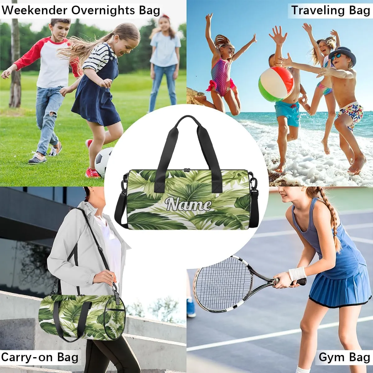 Personalized Sport Gym Bag Dance Duffle Ballet Bag Overnight Travel Sleepover Bags Swimming Hiking Camping, Tropical Palm Leaves