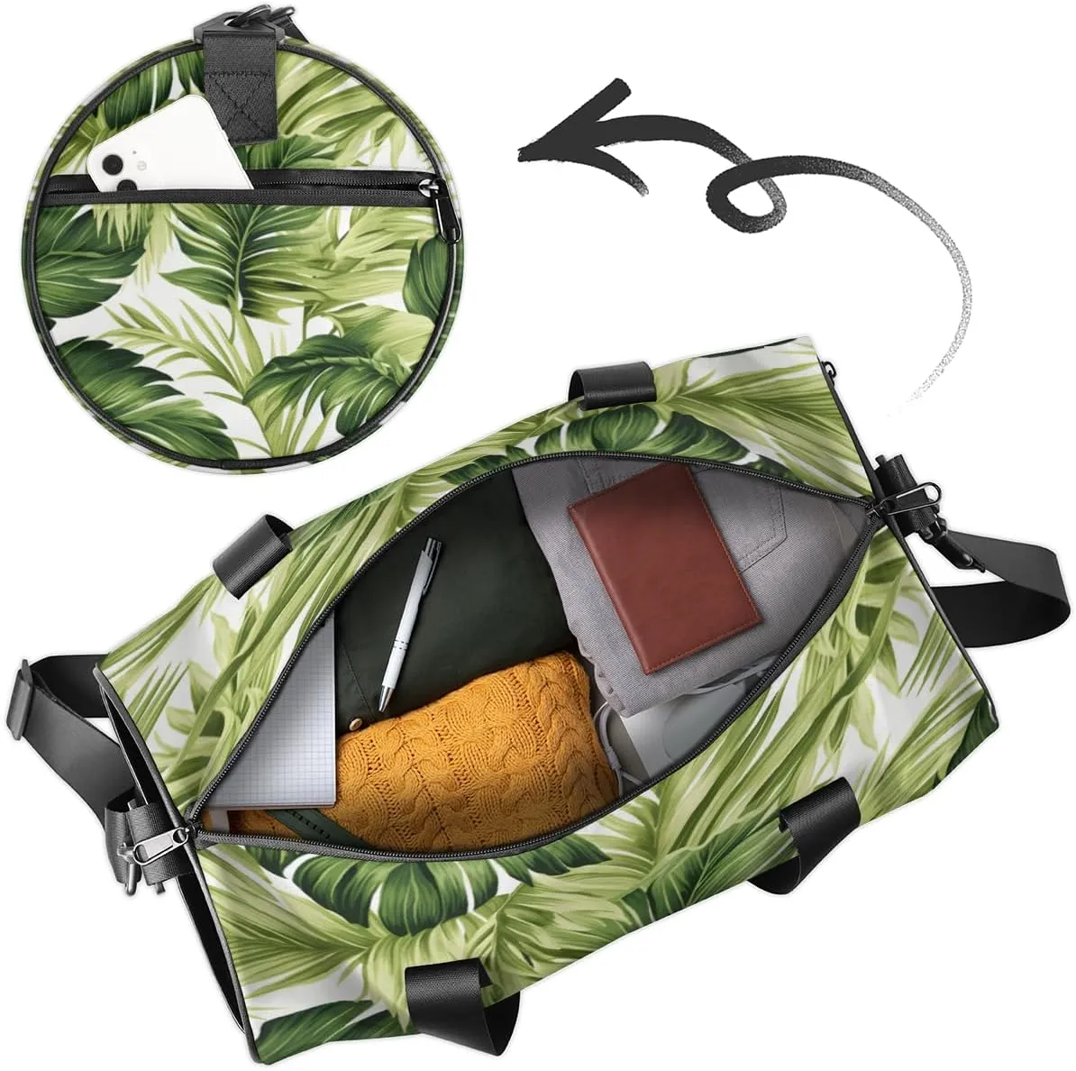 Personalized Sport Gym Bag Dance Duffle Ballet Bag Overnight Travel Sleepover Bags Swimming Hiking Camping, Tropical Palm Leaves