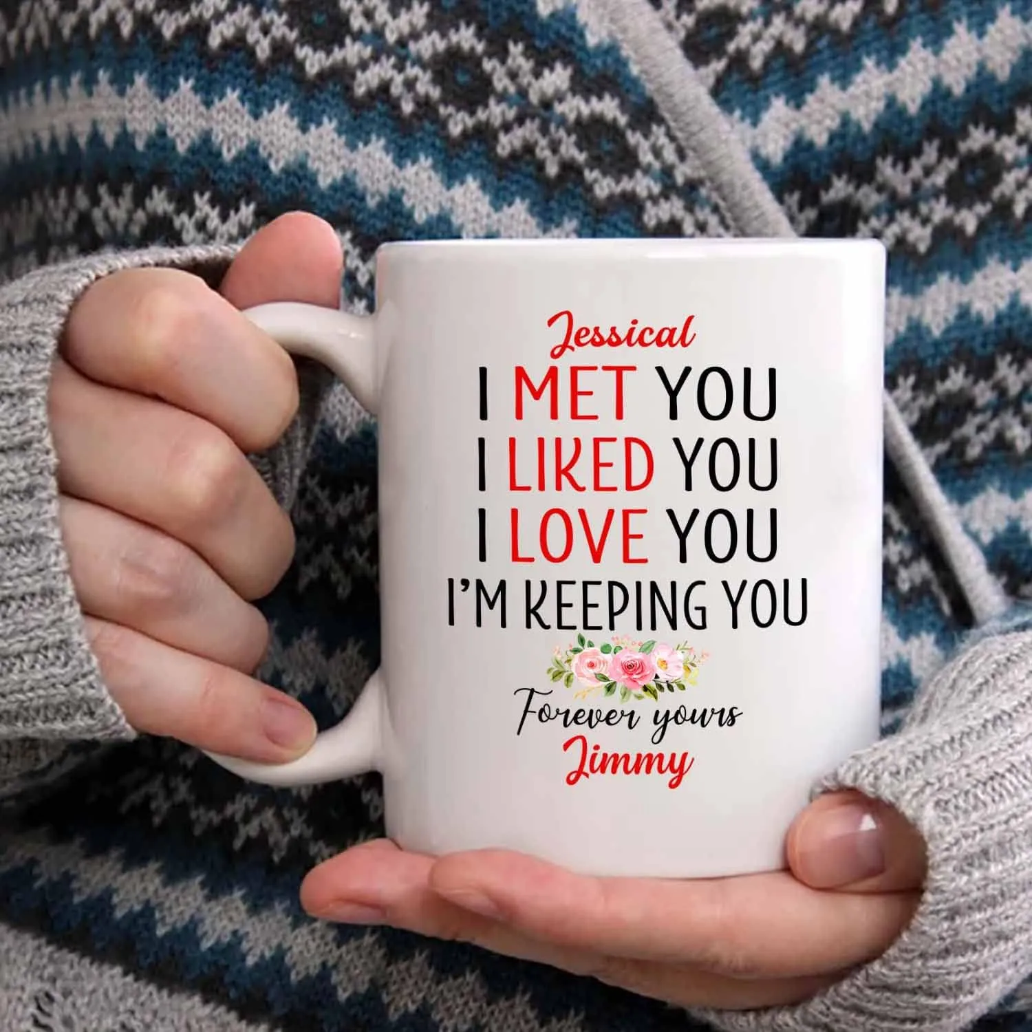 Personalized Wife White Coffee Mug, I Met You I Liked You I Love You I'm Keeping You Forever Yours Travel Mug, Customized Romantic Anniversary Wife Mug Gifts, Custom Names Coffee Cup 11 Oz 15 Oz