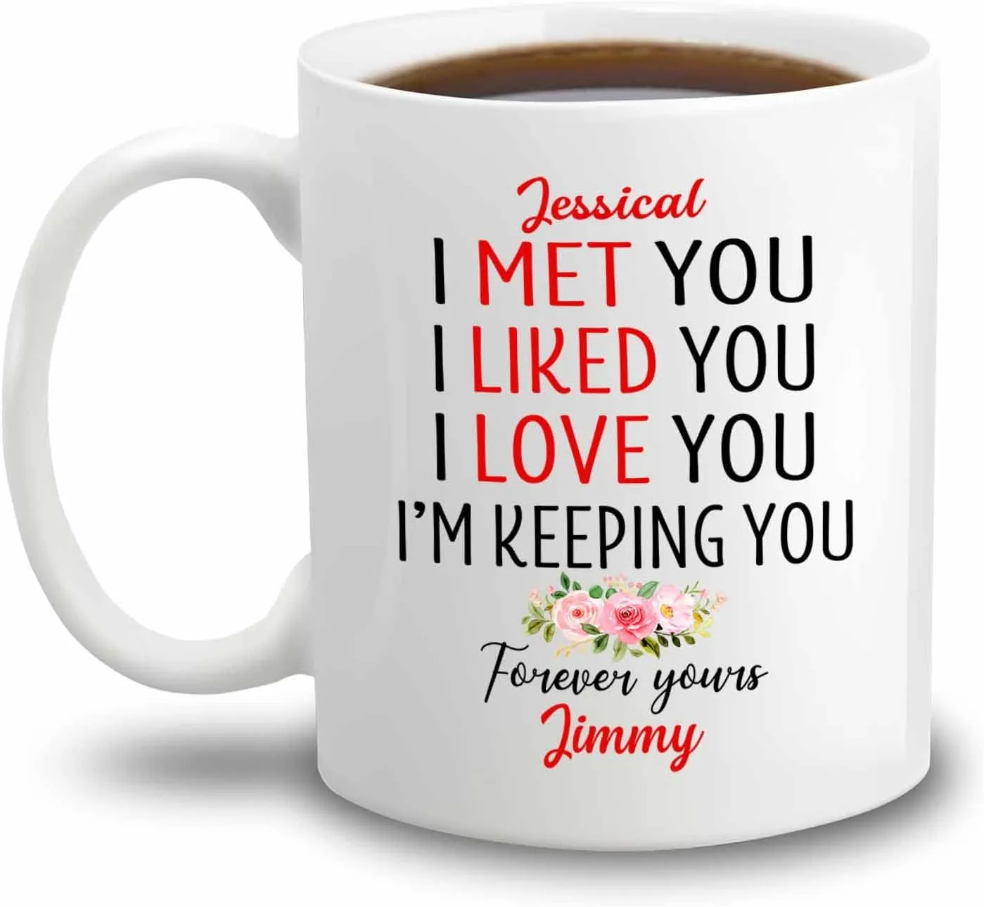Personalized Wife White Coffee Mug, I Met You I Liked You I Love You I'm Keeping You Forever Yours Travel Mug, Customized Romantic Anniversary Wife Mug Gifts, Custom Names Coffee Cup 11 Oz 15 Oz