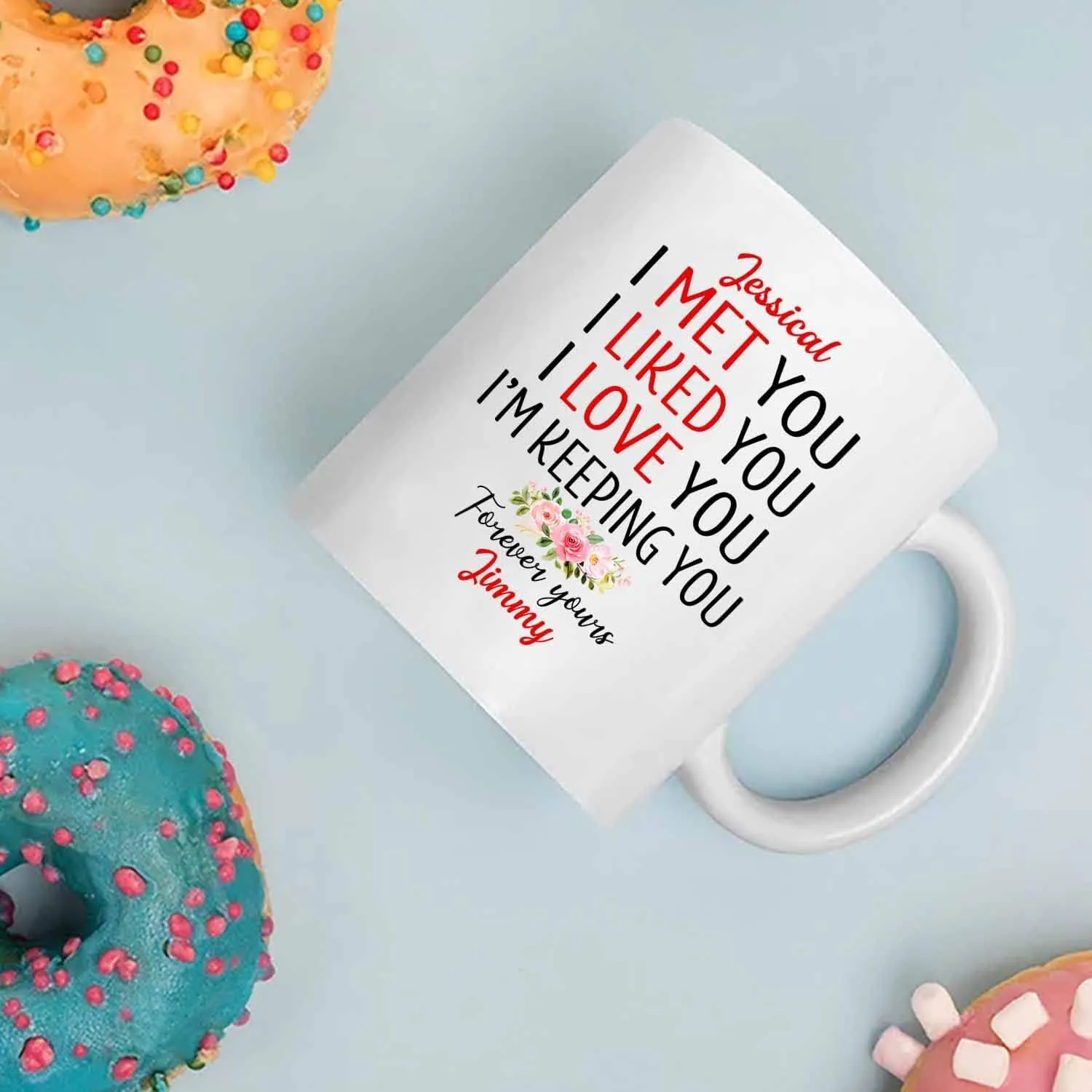 Personalized Wife White Coffee Mug, I Met You I Liked You I Love You I'm Keeping You Forever Yours Travel Mug, Customized Romantic Anniversary Wife Mug Gifts, Custom Names Coffee Cup 11 Oz 15 Oz
