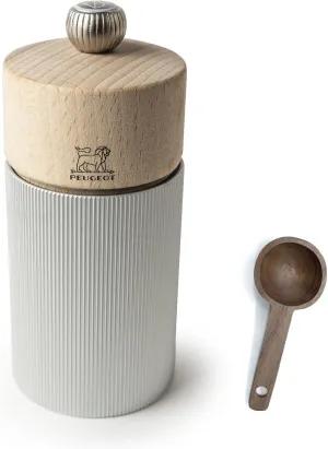 Peugeot Line Manual Salt Mill, alu, 12 cm - 4.75" Natural Wood - With Wooden Spice Scoop