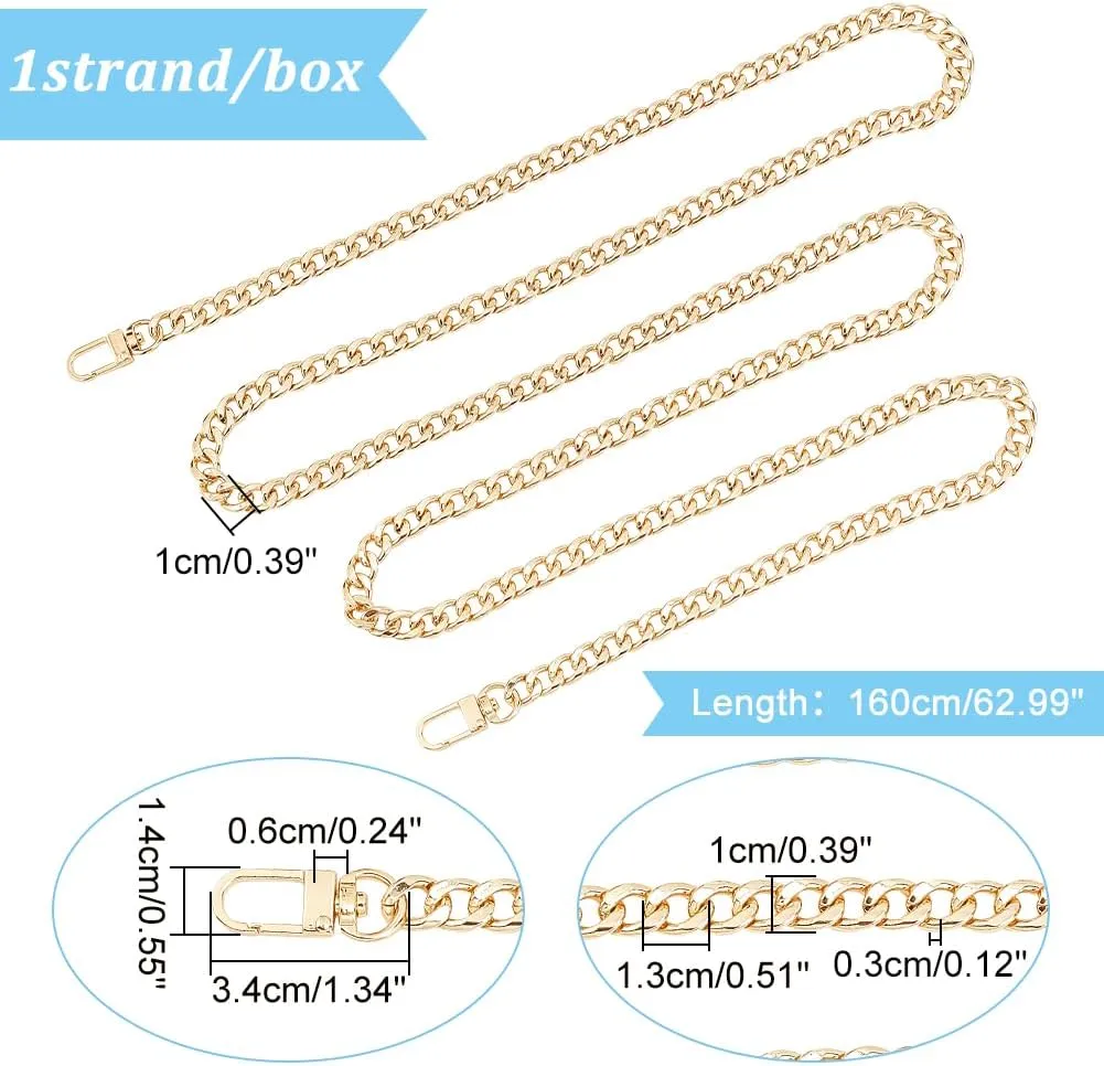 PH PandaHall 63 inch Flat Purse Chain, Extra Long Iron Corssbody Bag Chain Strap Replacement 10mm Width Golden Handbags Handle Chain for Wallet Clutch Satchel Tote with 2 Pieces Swivel Buckles
