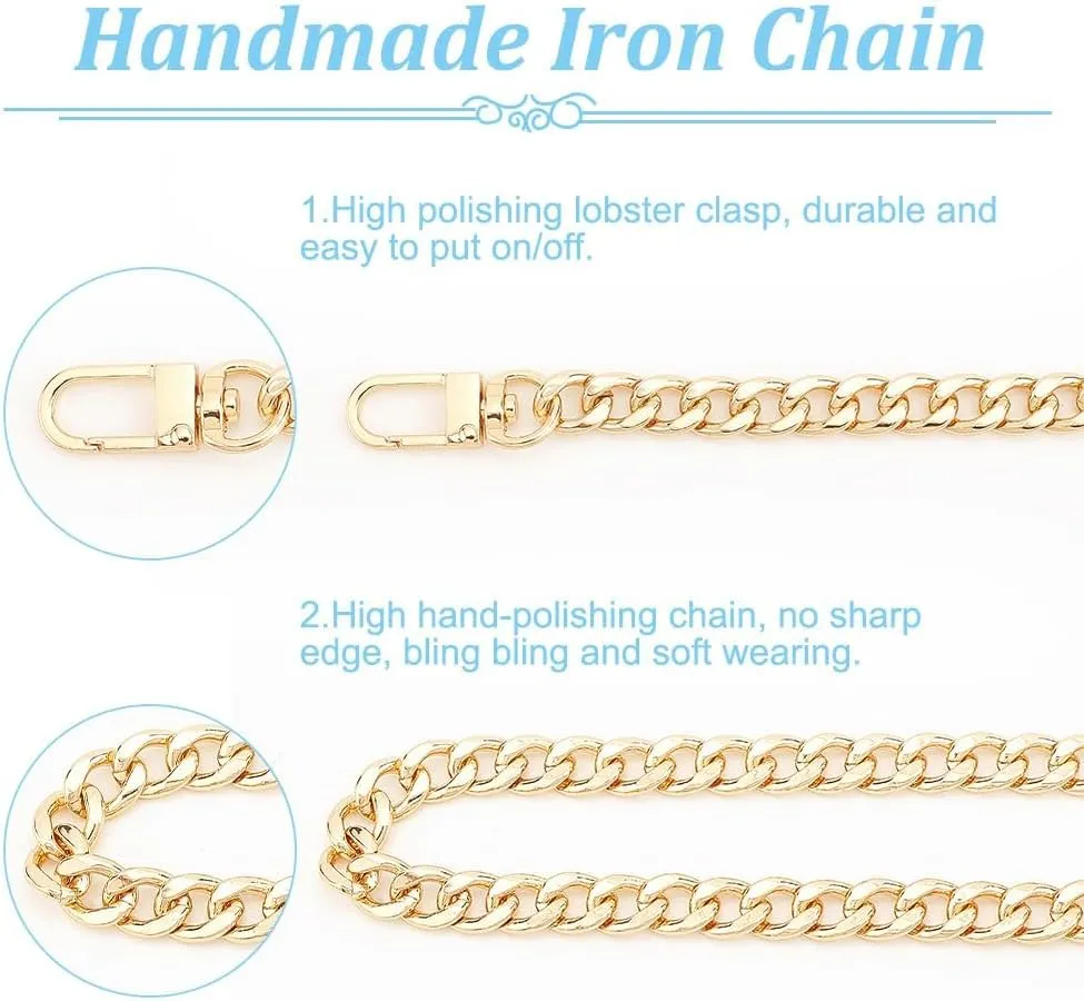 PH PandaHall 63 inch Flat Purse Chain, Extra Long Iron Corssbody Bag Chain Strap Replacement 10mm Width Golden Handbags Handle Chain for Wallet Clutch Satchel Tote with 2 Pieces Swivel Buckles