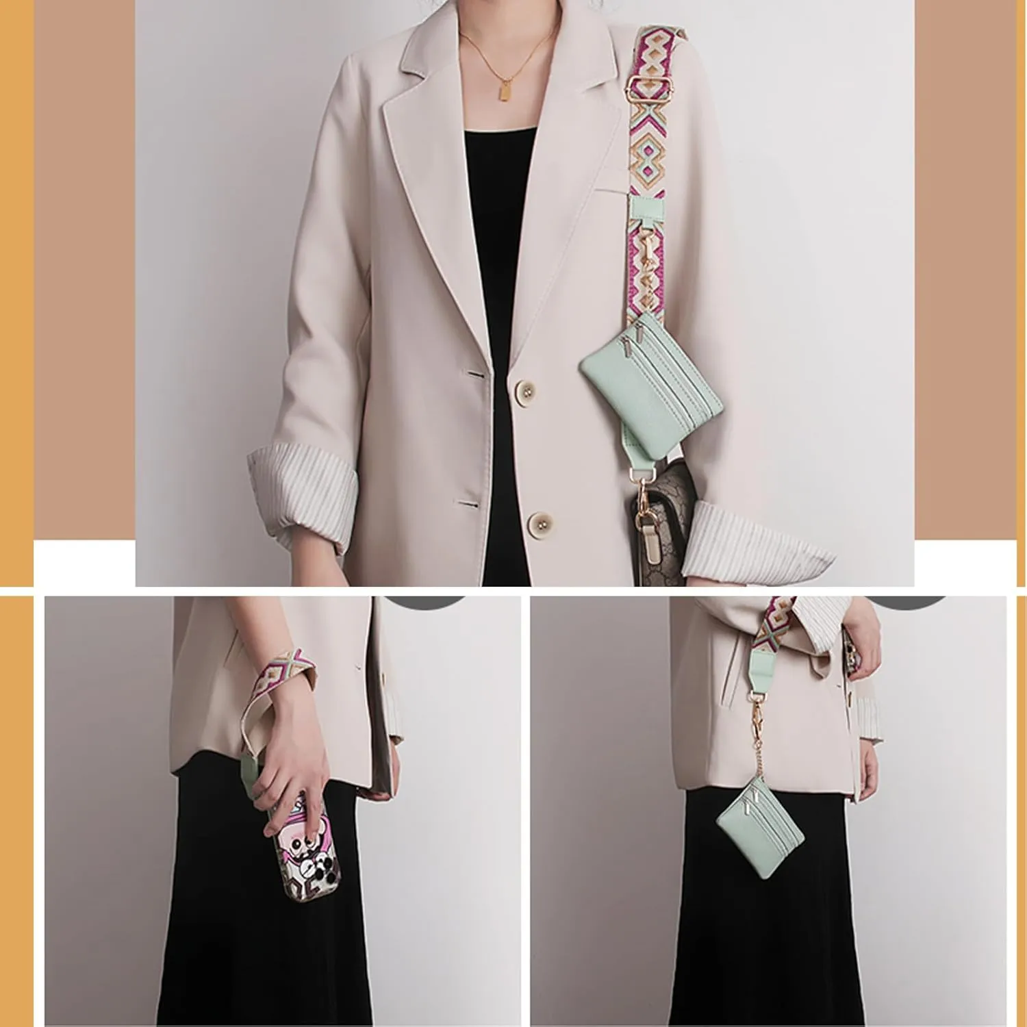 Phone Strap with Zippered Pouch, Clip and Go Strap for Phone with Wallet Crossbody, Adjustable Crossbody Phone Strap