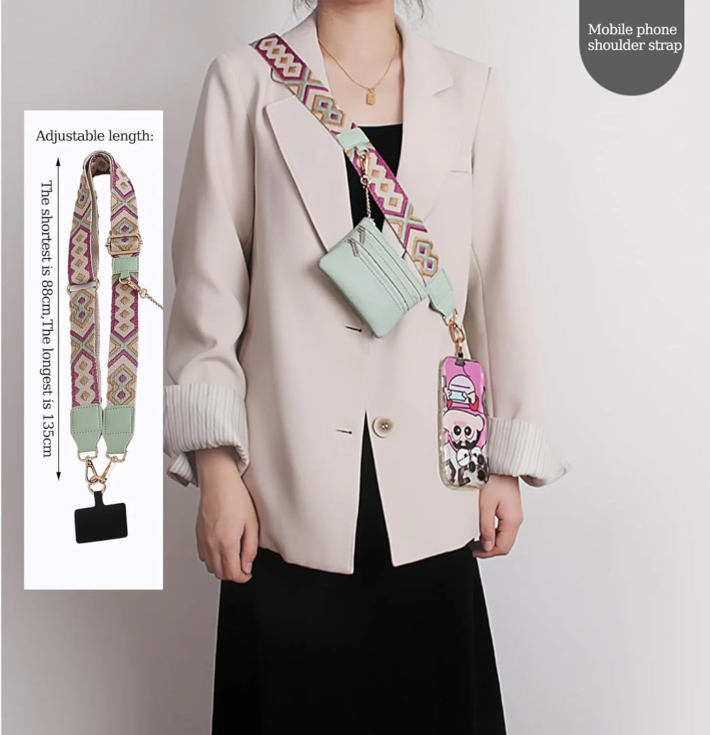 Phone Strap with Zippered Pouch, Clip and Go Strap for Phone with Wallet Crossbody, Adjustable Crossbody Phone Strap