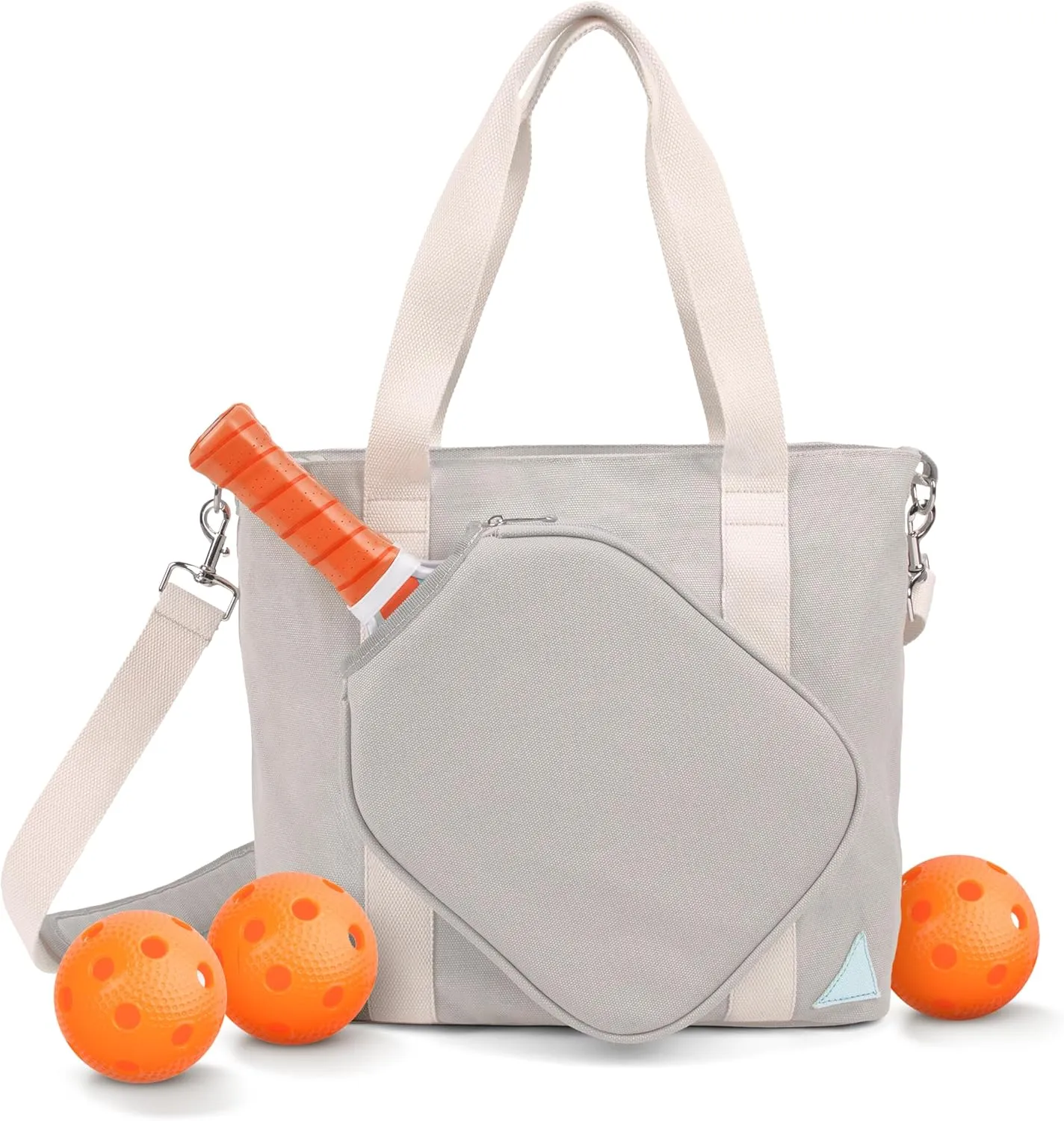 Pickleball Bag - Large Gray Canvas Tote Bag for Women and Men, Fits 2 Pickle Ball Paddles & Shoe Storage, Adjustable Strap, Fence Hook, Pickleball Gifts & Accessories
