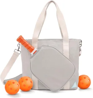 Pickleball Bag - Large Gray Canvas Tote Bag for Women and Men, Fits 2 Pickle Ball Paddles & Shoe Storage, Adjustable Strap, Fence Hook, Pickleball Gifts & Accessories