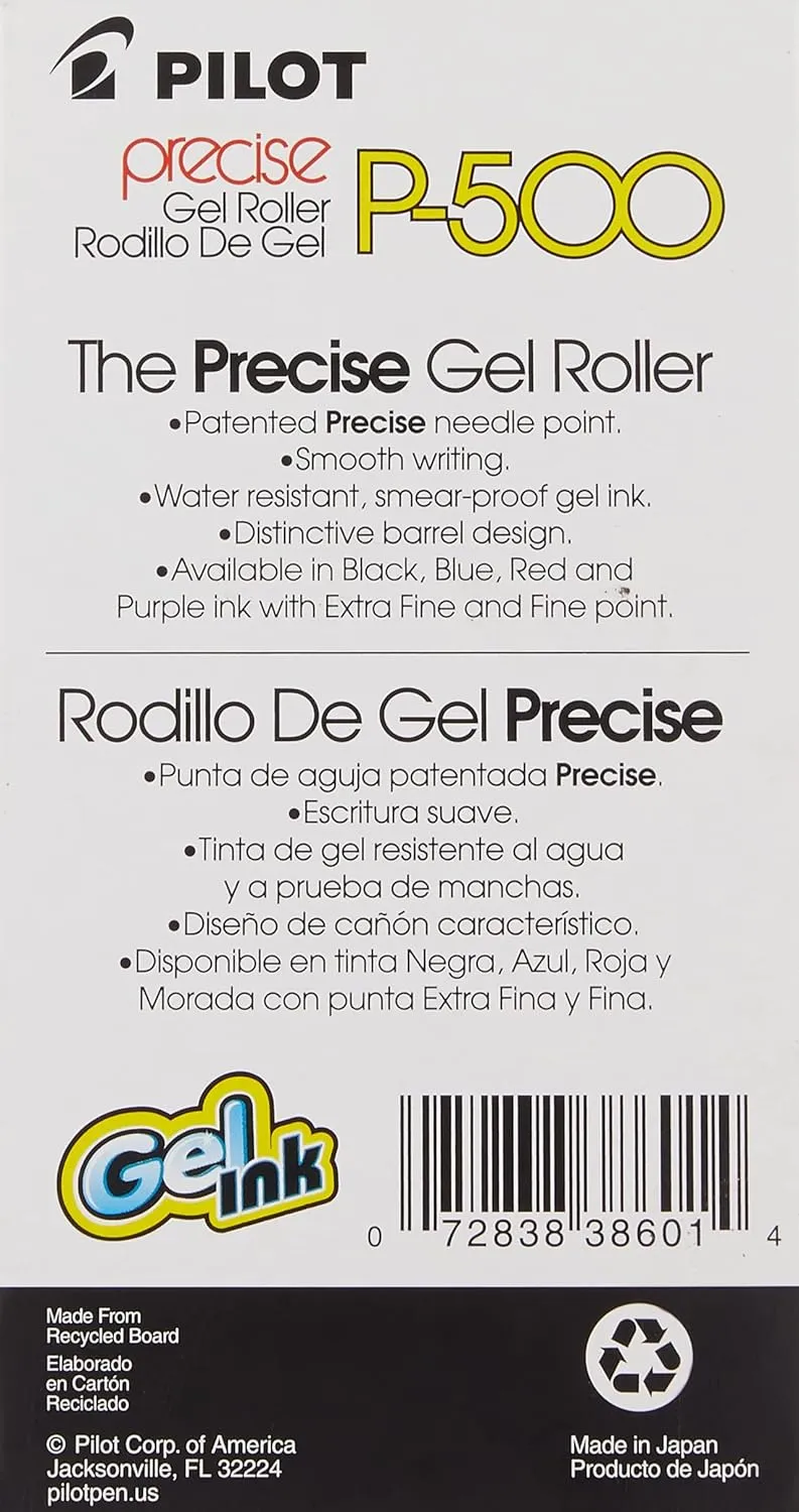 Pilot, Precise P-500 Gel Ink Rolling Ball Stick Pens, Marbled Barrel, Extra Fine Point 0.5 mm, Blue, Pack of 12