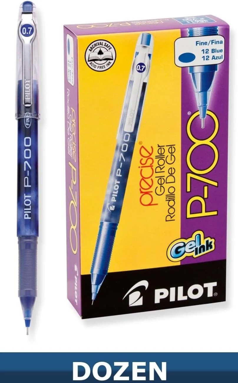 Pilot, Precise P-700 Gel Ink Rolling Ball Stick Pens, Fine Point 0.7 mm, Blue, Pack of 12