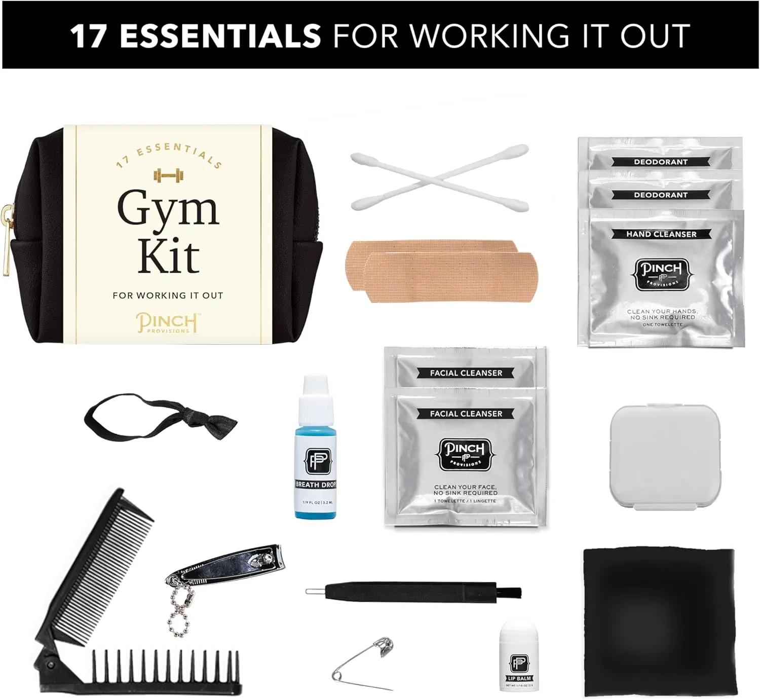 Pinch Provisions Gym Kit, Includes 15 Personal Care Essentials for Wellness & Beauty, Perfect for Gifts, Gym Bags, Duffle Bags & Lockers (Black)