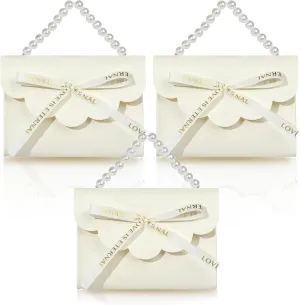 Pineraap 6 Pack PU Leather Gift Bag with Ribbon, Pearl Handle Party Favor Bags Small Candy Box for Wedding Bridal Shower (White)
