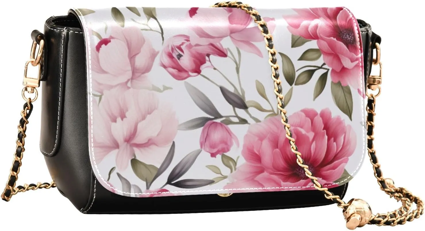Pink and Green Peony Floral Leather Cross Body Bag, Leather Ladies Crossbody Bags, Leather Shoulder Bag for Women