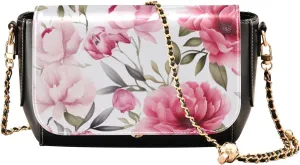 Pink and Green Peony Floral Leather Cross Body Bag, Leather Ladies Crossbody Bags, Leather Shoulder Bag for Women