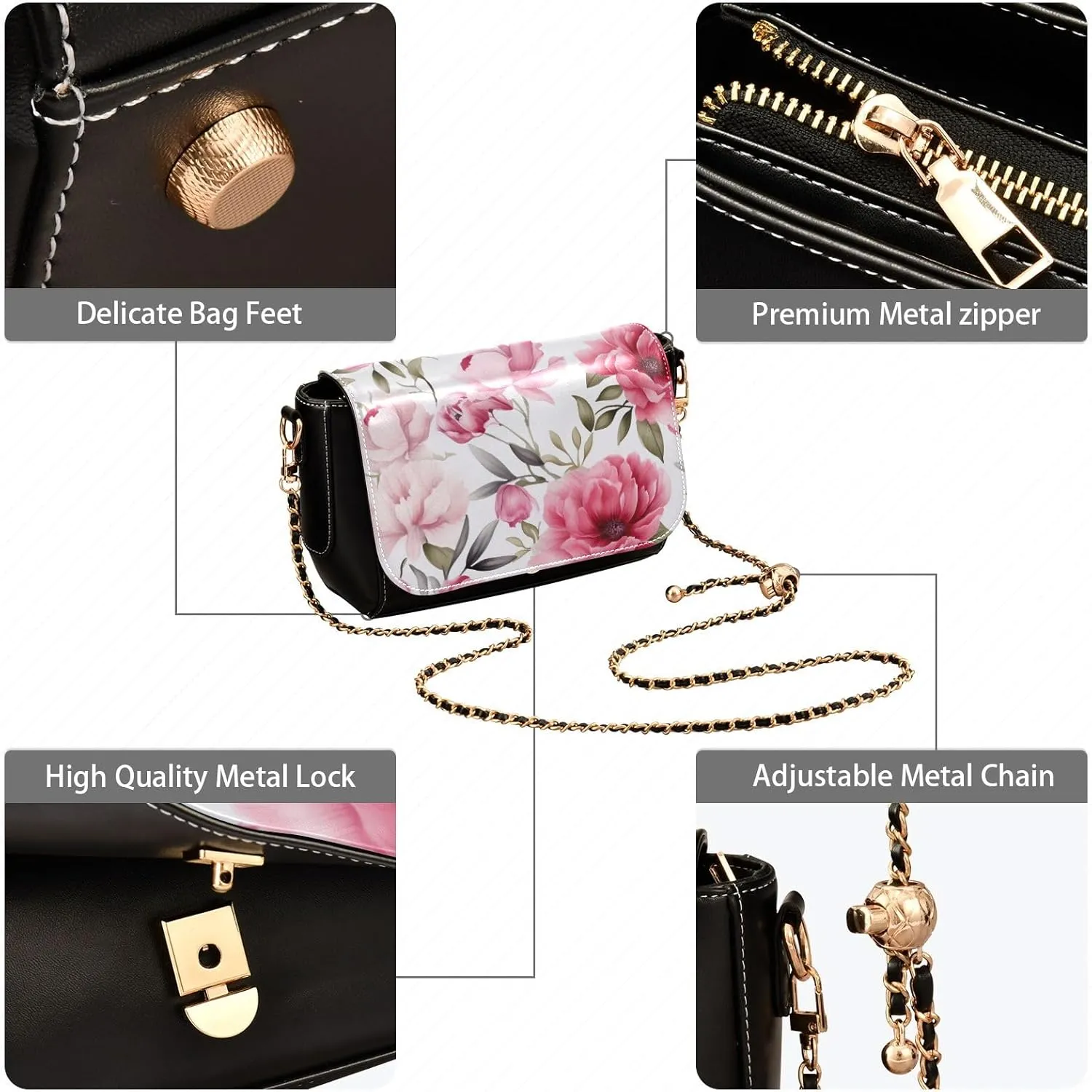 Pink and Green Peony Floral Leather Cross Body Bag, Leather Ladies Crossbody Bags, Leather Shoulder Bag for Women