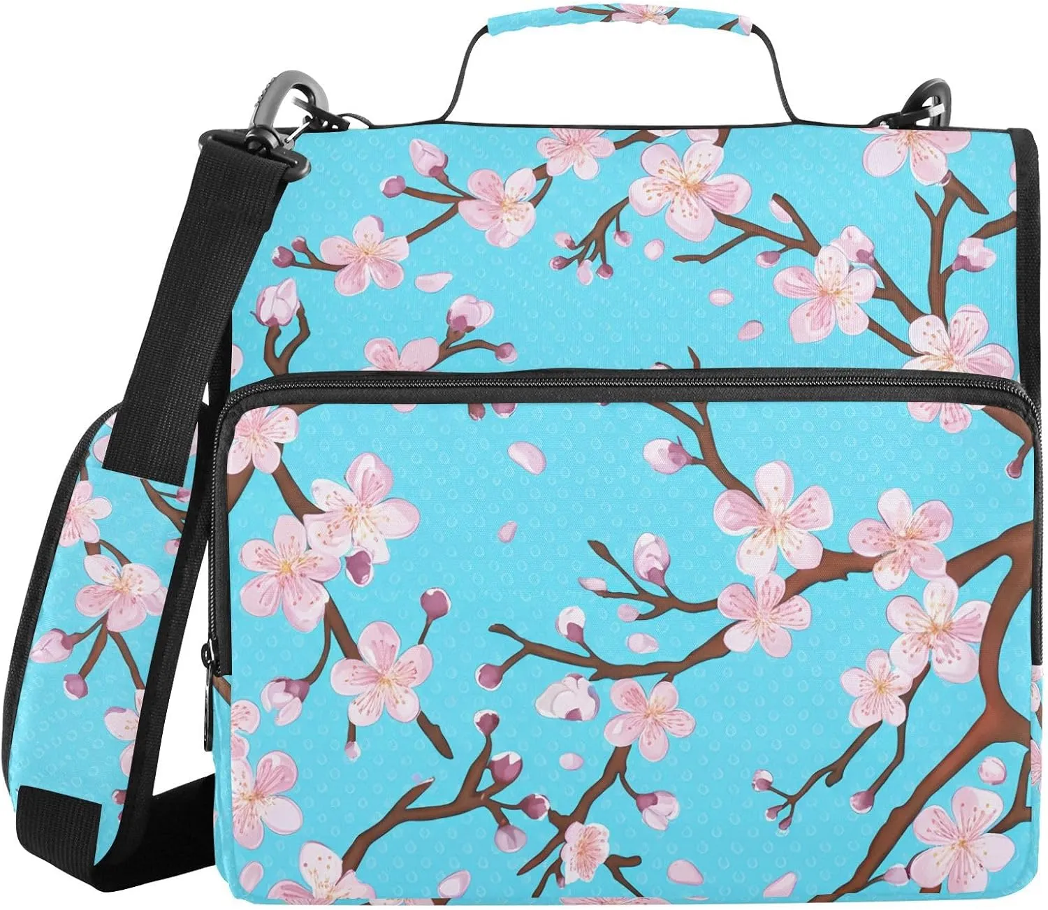 Pink Cherry Blossom Branch 3 Ring Zipper Binder with Shoulder Strap File Folder Organizer for School Office Document Storage