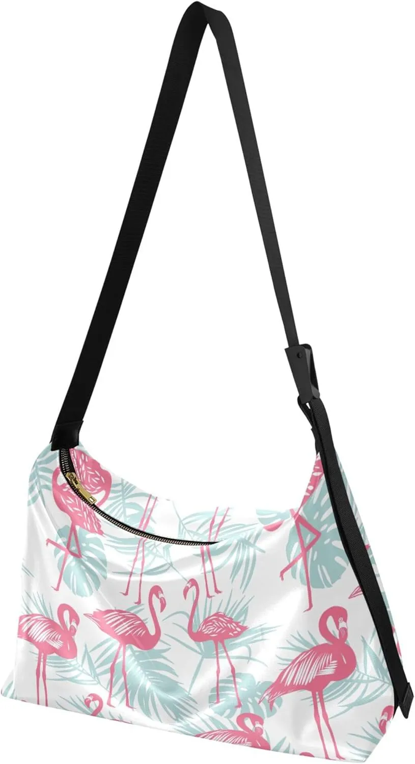 Pink Flamingo Palm Leaves Leather Hobo Purses for Women Large Crossbody Purses Animal Print Crossbody Hobo Handbag
